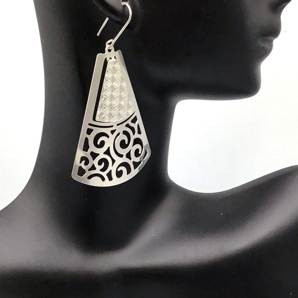 925 Sterling Silver Triangle Filigree Dangle Hook Earrings Women’s - Picture 2 of 12